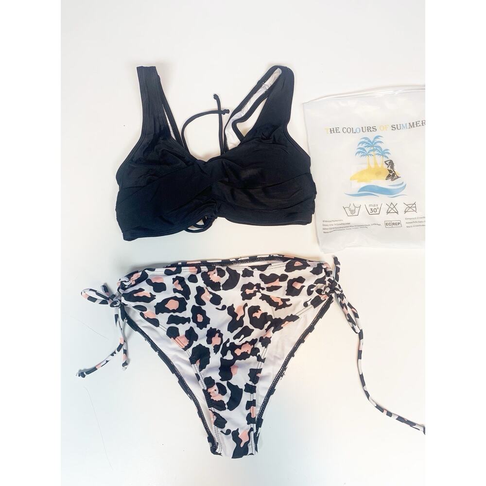 Womens Bikini Size Medium Animal Print White Pink Black High Rise Tie Sides New